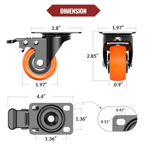 2 Inch Caster Wheels with Brakes, Heavy Duty 272kg Capacity, Swivel Quiet PVC Casters with Double Ball Bearings, for Hardwood/Tile/Carpet Floors – 4 Pack (All with Brakes)