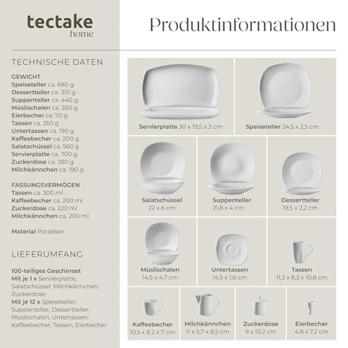 tectake® Geschirrset 12 Personen, Porzellan Geschirr Set 100tlg, u.a. 12x Dinner Teller Set, 12x Dessertteller, 12x tiefe Teller, 12x Tasse, 12x Müslischale, Salatschüssel, Milchkännchen, Zuckerdose