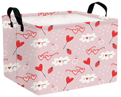 Image of Valentines Day Basket Large Foldable Heart Shaped Storage Box for Gifts Kids Empty Storage Bins Rectangular Toy Organizer Decor (Love Glasses Lollipop)