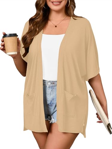Image of AusLook Plus Size Cardigan for Women Short Sleeve Lightweight Open Front Shrug with Pockets for Dresses and Layering 1X-5X