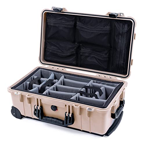 Pelican Color Case Tan 1510 case with Black Handles & latches. Comes with Grey Padded dividers & lid Organizer.