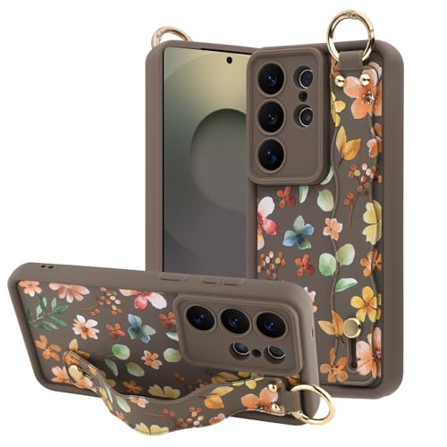 Coque Samsung S25 Ultra pour femmes avec dragonne fleur marron style bohème chic
