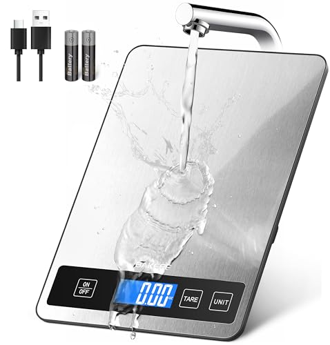 BAKFEE Báscula para alimentos, báscula de cocina, 15 kg, acero inoxidable resistente a salpicaduras, pantalla LCD de visión completa, diseño compacto y fácil de limpiar, 6 unidades, función de tara