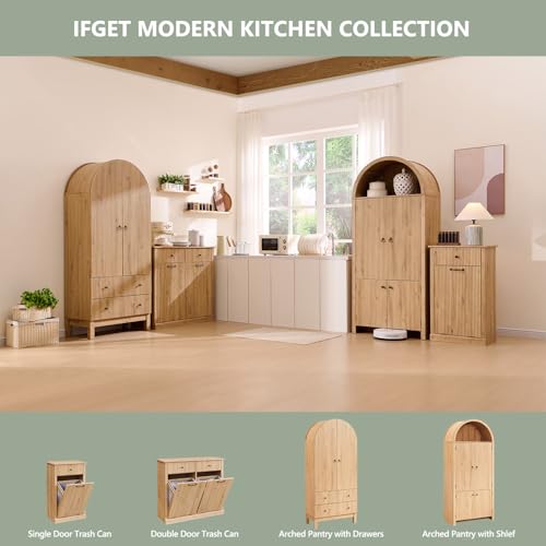 Image of IFGET 71 inch Tall Arched Kitchen Pantry, Modern Fluted Wood Storage Cabinet with Doors, 3 Adjustable Shelves, 6 Door Shelves, Organizer, Versatile Cupboard for Kitchen, Bathroom, Natural