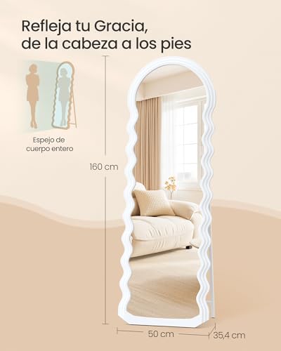 SONGMICS Espejo de Cuerpo Entero, 160 x 50 cm, Espejo de Suelo Ondulado Irregular con Soporte, de Pie, Marco MDF, para Dormitorio, Salón, Entrada, Blanco Nube LFM027W01 - imagen 5