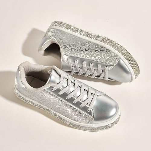 Image of UUBARIS Women's Glitter Tennis Sneakers Neon Dressy Sparkly Sneakers Rhinestone Bling Wedding Bridal Shoes Shiny Sequin Shoes