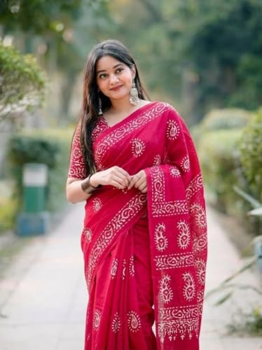Image of Women's Pure Cotton Printed Saree with Traditional Batik Inspired Border Design, Soft Lightweight Daily Wear Saree with Unstitched Blouse Piece for Festive, Casual and Office Wear