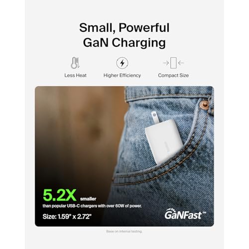 Image of Belkin 65W Dual USB C Charger Block, Super Fast Charging PD3.0 w / GaN Technology - Samsung Galaxy S25, Apple iPhone 17, Air, Pro, Pro Max, iPad, MacBook, AirPods, Nintendo Switch 2 & More - White