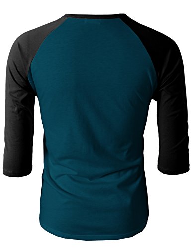 H2H Men's Color Blocked Three-Quarter Sleeve Baseball Jersey Knit Shirt Peacock US M/Asia L (CMTTS0174) - Thumbnail 3