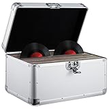 Youyijia 7" LP Vinyl Record Storage Box Case Aluminium Flight Case Lockable DJ Portable Carry Case Holds 200pcs Vinyl Record Albums (Silver)