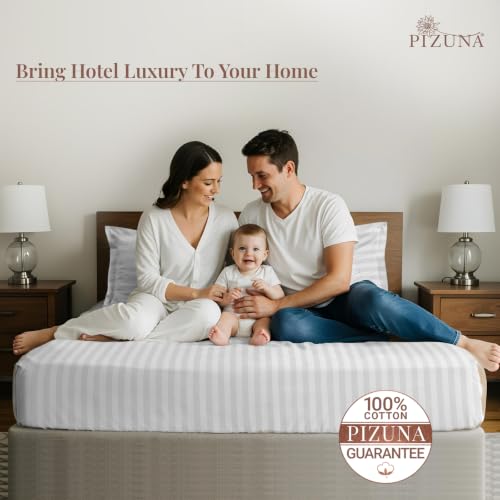 Image of Pizuna 100% Cotton Bedsheet Super King Size with 2 Pillow Covers, 300 Thread Count Long Staple Cotton, Stripes Pattern Flat Bed Sheet 108X108 Inch for Superking Bed, White