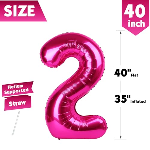 Image of 40 Inch Hot Pink Number 2 Balloon, 2nd Birthday Party Decorations | 40 Inch Hot Pink inflatable foil number balloons, large birthday decorations for 2nd birthday