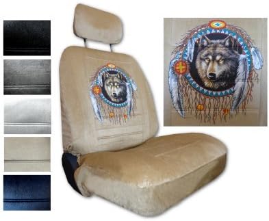 Seat Cover Connection Native Wolf Dreamcatcher print 2 Low Back Bucket Car Truck SUV Seat Covers with 2 Head Rest Covers - Silver Grey