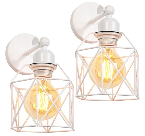 2 pezzi Lampada da Parete Industriale Applique da Parete E27 in Legno Illuminazione a Soffitto Vintage Regolabile Metallo Gabbia 16CM Lampada a Muro per Camera da Letto Soggiorno (Bianco, C-2 pezzi)