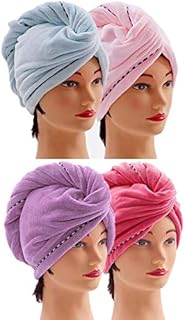 Hair Turban Towel Microfibre 4 Pack, Super Absorbent Hair Towel Turban with Button Design to Dry Hair Quickly