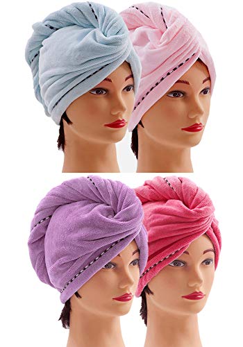 Microfiber Hair Towel Wrap for Women [4 Pack] Turban Twist Head Towel with Button, Quick Dry Super Absorbent for Long & Curly Hair, Anti-Frizz - (Blue & Pink & Purple & Red)