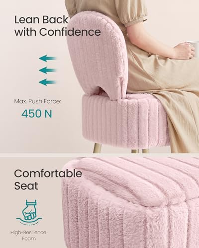 Image of SONGMICS Small Vanity Chair with Storage and Folding Back, Vanity Stool, Footrest Footstool Ottoman, Dressing Table Stool, Furry Padded Seat, for Makeup Room, Bedroom, Jelly Pink ULOM532SA01