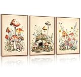 CHDITB Vintage Mushroom Framed Canvas Wall Art Set Of 3, Magic Mushrooms Wall Decor, Nature Botanical Floral Painting, Colorful Fungi Aesthetic Art Prints for Dining Room Bedroom Decor 12x16 inch