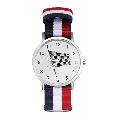 Reloj de pulsera de cuarzo personalizado con bandera de carreras de acuarela, números arábigos con correa ajustable para hombres y mujeres