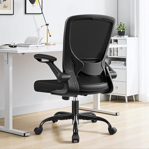 BESTFAIR Ergonomic Office Chair, Mesh Computer Chairs with Lumbar Support, Swivel Desk Chair with Flip-up Arms and Adjustable Height, Black