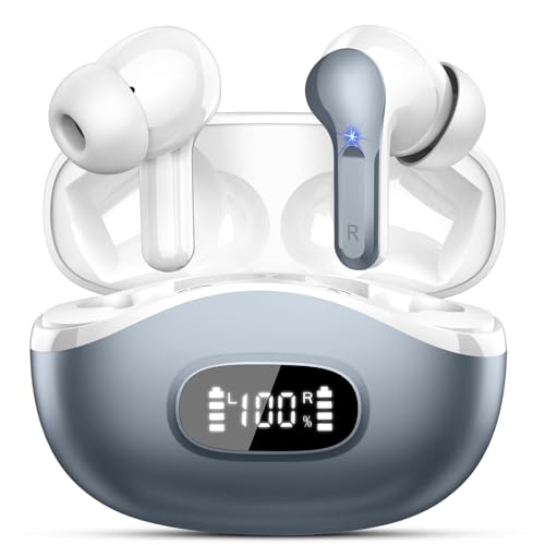 Wireless Earbuds, Bluetooth Headphones 5.4 HiFi Stereo, Ear Buds with 4 ENC Noise Cancelling Mics, 48H Bluetooth Earbuds with Dual LED Display, IP7 Waterproof in Ear Earphones for Android iOS, Gray