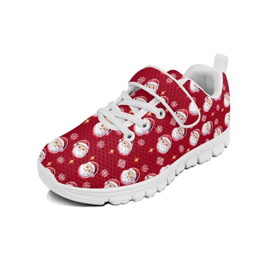 Christmas Cute Santa Claul Pattern Little Kid Boys Shoes Non Slip Lightweight Breathable Comfortable Sport Athletic Running Tennis Sneakers（White Sole）