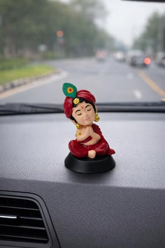 Image of Bal Krishna Idol for Car Dashboard | Premium Laddu Gopal Figurine for Home, Office & Car Decor | Baby Krishna Murti | Hindu God Statue | Spiritual Gift & Decorative Idol | Krishan Ji Close Eye Maroon