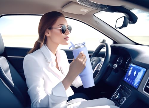 Image of Meoky 40 oz Tumbler with Handle and Straw, Insulated Tumbler with Lid and Straw, Stainless Steel Travel Mug, Keeps Cold for 34 Hours, 100% Leak Proof, Fits in Car Cup Holder (Lilac)