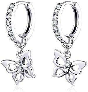 Cute CZ Butterfly Dangle Hoop Earrings for Women Teen Girls S925 Sterling Silver with Charms Huggie Hoops Crystal Drop Cartilage Filigree Jewelry Delicate Fashion Dainty Gift for Dauther
