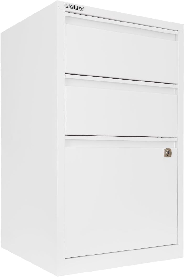 Bisley 3-Drawer Flush Front Vertical File Cabinet - Traffic White, 2 Utility Drawers + 1 Hanging File Drawer, Powder-Coated Steel, Locking Bottom Drawer