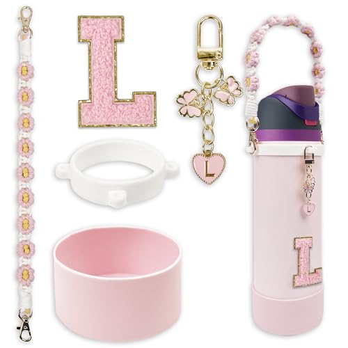 Silicone Boot Cute Monogram Set Compatible with Owala Water Bottle 40 oz - Perfect Letter Owala Accessories for Owala Tumbler, Owala Free Sip, Pink Owala, Black Owala, owala coffee tumbler (Pink, L)