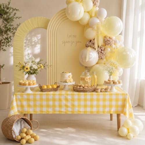 Image of Blue Orchards Yellow Gingham Table Cover (Pack of 3 with 20 Glue dots) - 54 inchx108 inch XL - Yellow and White Checkered Picnic Tablecloth, Baby Shower Decoration, Camping, Outdoor Birthday Party Supplies