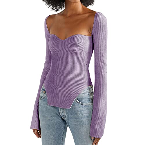 Image of Women's Square Neck Ribbed Knitted Sweater Long Sleeve Crop Slim Fitted Basic Pullover Tops
