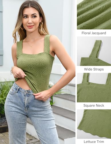 Women's Square Neck Tank Top Slim Fitted Crop Top Trendy Cute Cami Vest Floral Jacquard Wide Strap Vest3