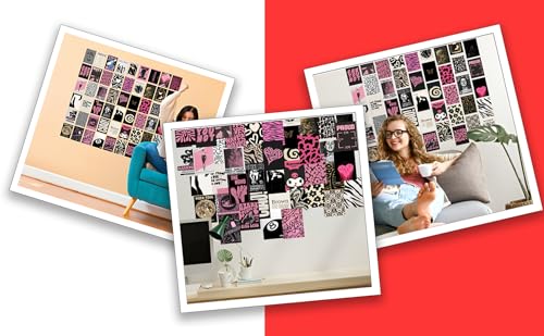 Image of VEENSHI Paper Pack of 54 Aesthetic Black & Pink Retro Wall Collage Kit, Vintage Aesthetic Room Decor | 300GSM
