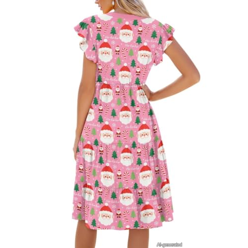 Image of Womens Summer Dress Ruffle Sleeve V Neck Dress Casual Fit Flowy Beach Vacation Sundress with Pocket S-2XL