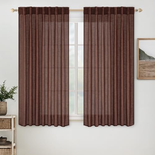 MIULEE Chocolate Brown Linen Curtains 54 Inch Length 2 Panels for Bedroom Living Room, Soft Thick Linen Textured Natural Short Window Drapes Semi Sheer Light Filtering Back Tab Rod Pocket