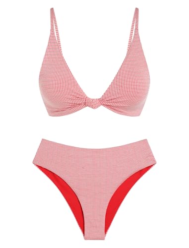 ZAFUL Womens High Waisted Bikini Sets Textured 2 Piece 2026 Bathing Suit Swim Suits Cheeky High Waisted High Leg Bikini Swimsuit Red Gingham S