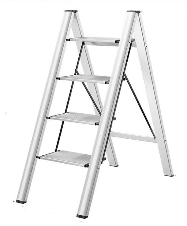 SUNRISE4 Step Ladder Aluminum Folding Step, Stool with Anti-Slip Sturdy and Wide Pedal Lightweight, Portable Multi-Use Stepladder for Home and Kitchen Use Space Saving (4 Steps, White)