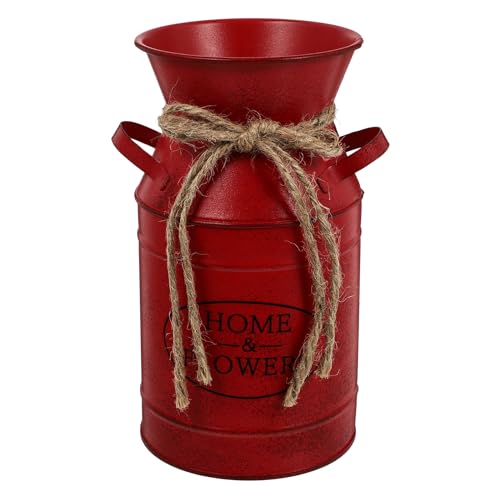 Ciieeo 4 macetas galvanizadas rústicas para flores, arreglos florales, jarrón de metal vintage, mini jarra de vidrio, estilo europeo, cubo central rojo de hierro forjado para niños