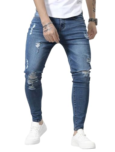 HUNGSON Skinny Jeans for Men Stretch Slim Fit Ripped Distressed(Blue,36)
