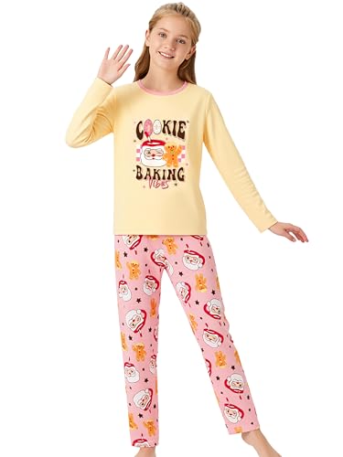 Image of Beezizac Girls Pajamas Cute Print Short /Long Sleeve Pants Set Size 6-18 | Soft Stretch Poly Blend, Comfy Crewneck, Elastic Waist Pants, Everyday & Holiday Sleepwear for Big Girls, Tweens & Teens