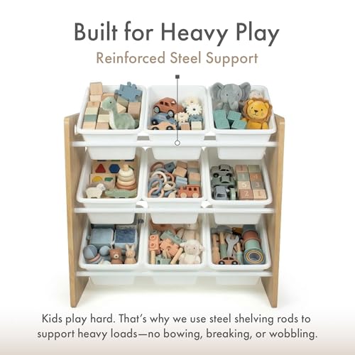 Image of Humble Crew Toy Storage Organizer with 9 Removable Storage Bins for Kids Playroom, 3-Tier Toy Organization, Natural Wood /White