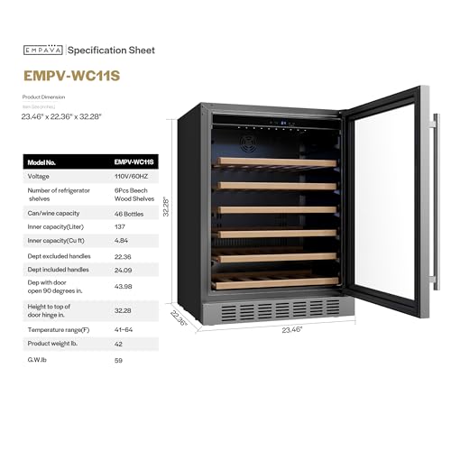 Image of Empava 24 inch Wine Cooler Refrigerator Under Counter with Glass Door, Freestanding Fridge with LED Light, Touch Control, 46 Bottles Capacity