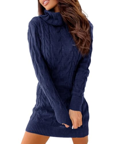 Image of Langwyqu Womens Cable Knit Long Sleeve Turtleneck Bodycon Sweater Dress