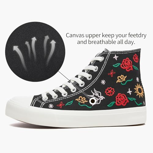 TUOPIN Women's High Top Canvas Sneakers - White and Black Fashion Embroidery Casual Walking Shoes for Women Comfortable Breathable Lace-Up Tennis Shoes3