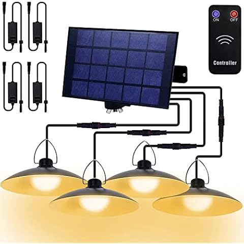 Solar Pendant Lights with Remote,Outdoor Indoor LED Solar Shed Lights,IP65 Waterproof Wall Mount Solar Light for Shop Yard Garage Porch Front Door Barn Light(4 Heads,Warm White) Cover