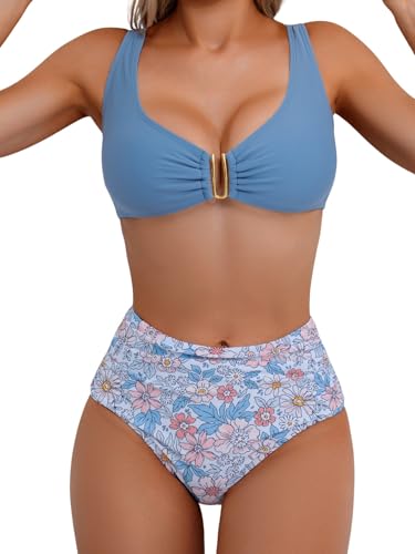 Image of Eomenie Bikini Sets for Women High Waisted Two Piece Bathing Suit U Wired V Neck Swimsuit Adjustable Straps Swimwear