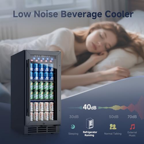 Image of 15 Inch Under Counter Beverage Refrigerator, 130 Cans Large Capacity Beverage Fridge, Buit-In or Freestanding Drink Cooler with Glass Door & Adjustable Shelves, for Home, Office, Bar (Black)