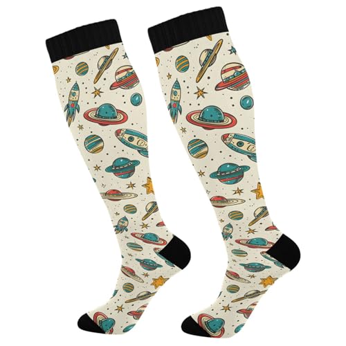 MFTJYO Planet Rocket Childish Women's Compression Socks for Women Men Knee High Socks Long Circulation for Athletic Running